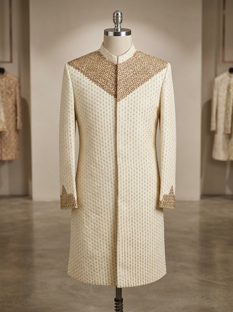 Elegant Off White Hand Made Embroidered Sherwani